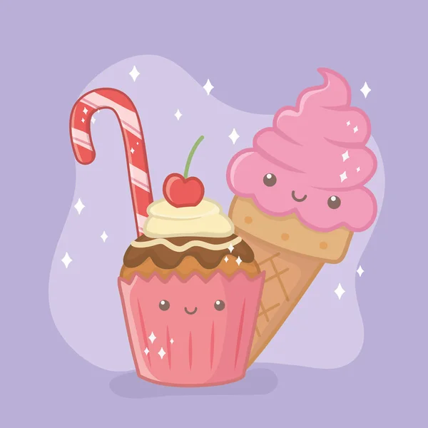 Delicioso e doce cupcake e produtos personagens kawaii —  Vetores de Stock