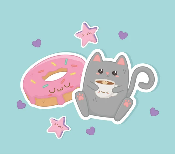 Chat mignon avec café et beigne caractère kawaii — Image vectorielle