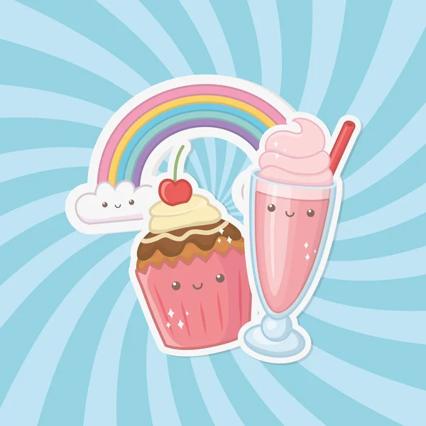 Süße Cupcake und Bonbons kawaii Zeichen — Stockvektor