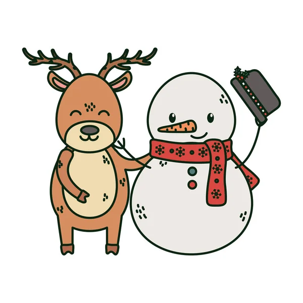 Олень і сніговик з капелюхом святкування веселого Різдва — стоковий вектор