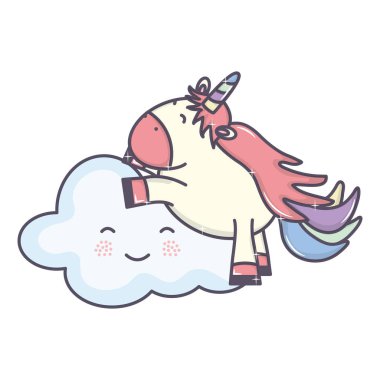Şirin şirin tek boynuzlu at ve bulut kawaii peri karakterleri.