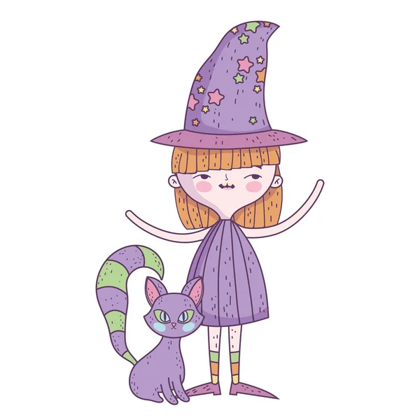 ハッピーハロウィンお祝い女の子魔女衣装とともに猫 — ストックベクタ