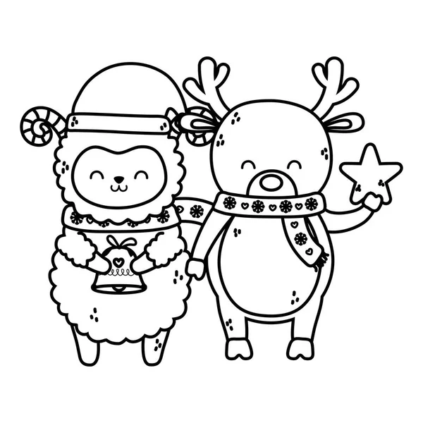 Niedliche Schafe und Rentiere mit Stern und Glocke frohe Weihnachten dicke Linie — Stockvektor