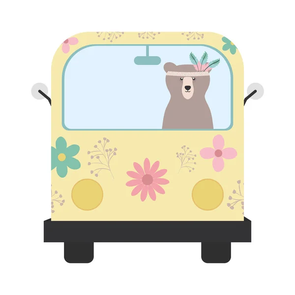 Oso con gorro plumas en hippie van. — Vector de stock