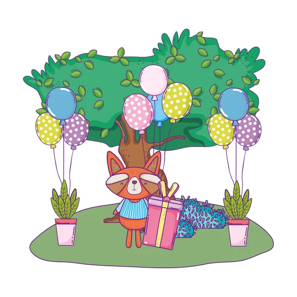 Mapache con globos y regalos en el campamento — Vector de stock