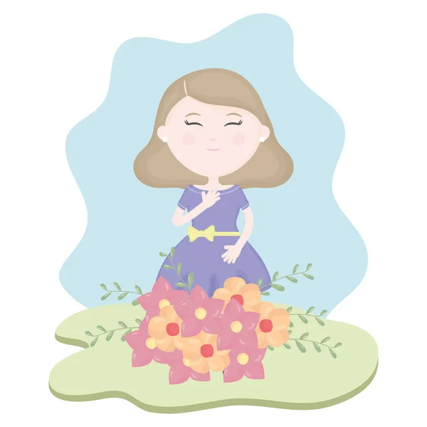 शेतात फुलांचा बुक्वेट सह सुंदर लहान मुलगी — स्टॉक व्हेक्टर