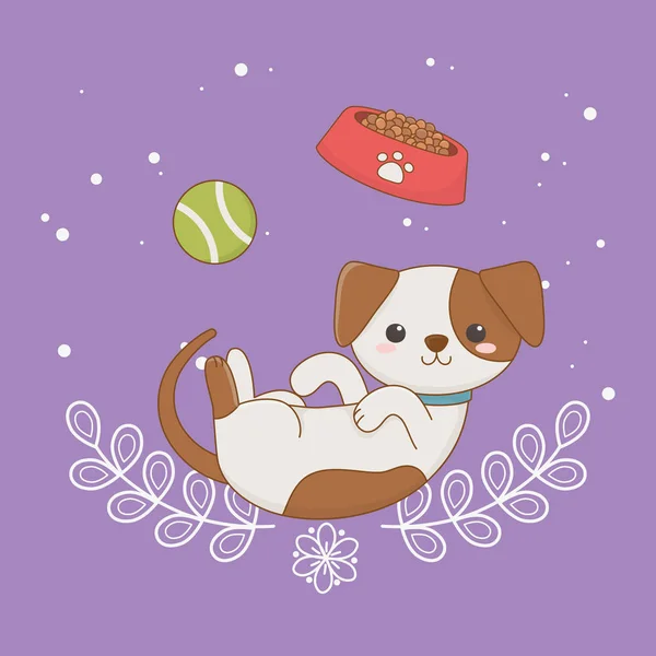 มาสคอตสุนัขน้อยน่ารักกับจานและลูกบอล — ภาพเวกเตอร์สต็อก