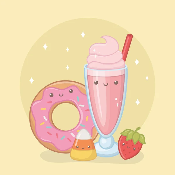Delicious and sweet milkshake and products kawaii characters — 스톡 벡터