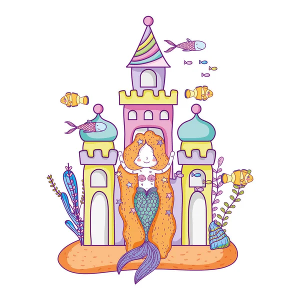 Sirena con castillo escena submarina — Vector de stock