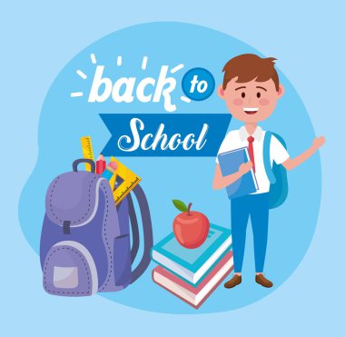 Sırt çantalı çocuk ve kitaplı elma meyvesi.