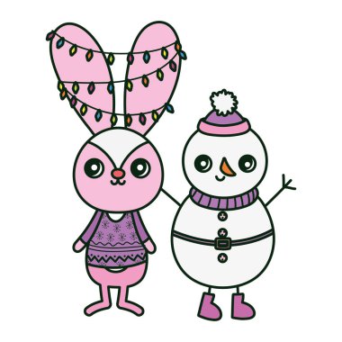 Işıklı şirin tavşan ve kardan adam mutlu noeller