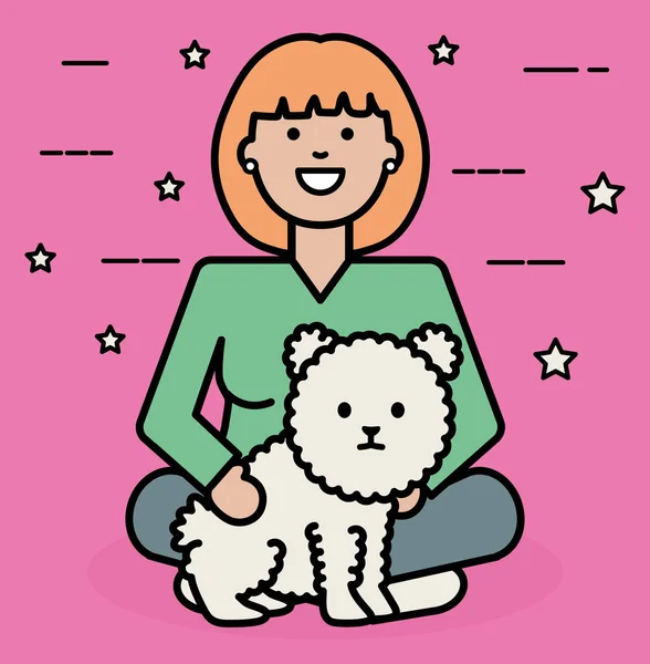 Jonge vrouw met kleine hond schattig mascotte — Stockvector