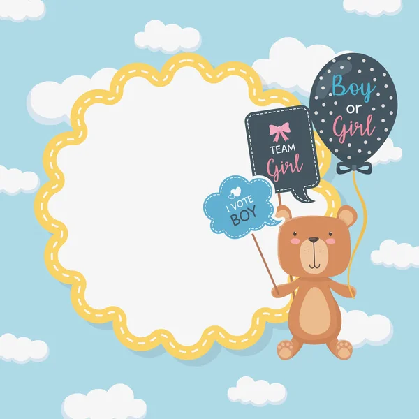 Baby Dusch kort med Little Bear Teddy och ballonger helium — Stock vektor