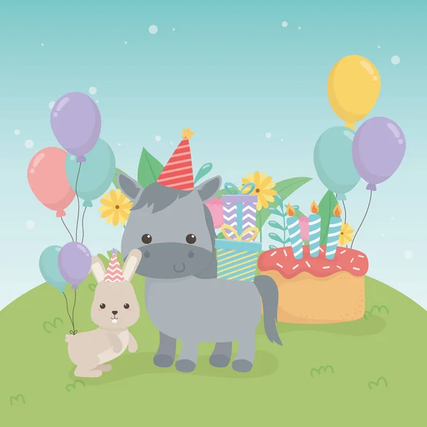 Милий кінь і кролик на вечірці день народження — стоковий вектор