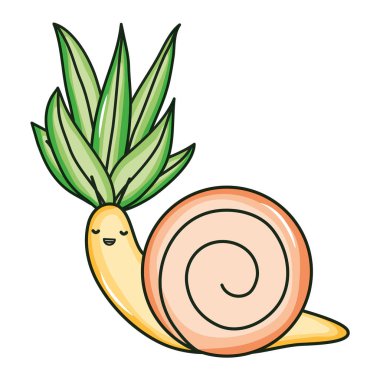 Salyangoz kawaii karakterli yapraklar.