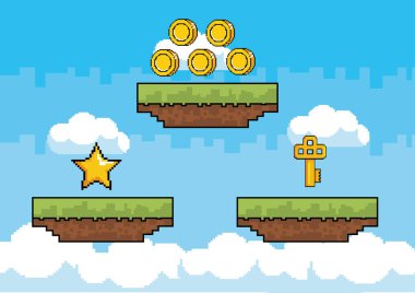 Arcade oyun dünya ve piksel sahne tasarım vektör illüstrasyon