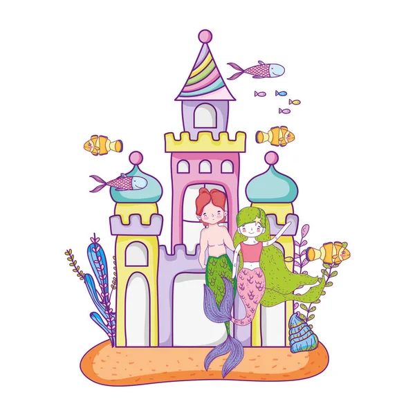 Pareja de sirenas con castillo escena submarina — Vector de stock