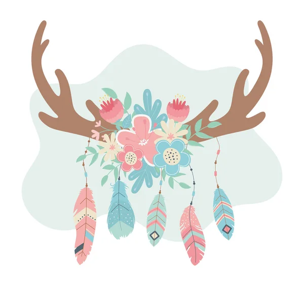 Deer horns with flowers and feathers boho style — стоковый вектор