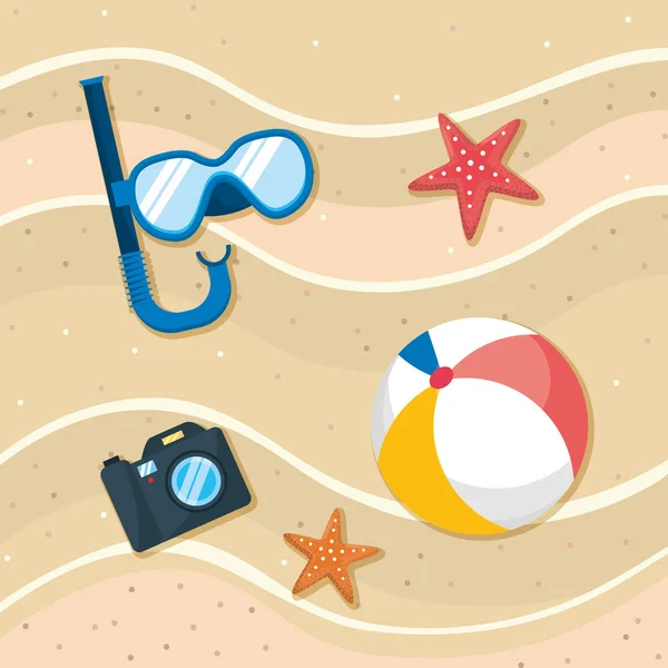 Snorkel masks with starfishes and camera with ball in the beach sand — Stock Vector