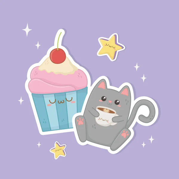 可愛い猫とコーヒーとカップケーキのカワイイキャラクター — ストックベクタ
