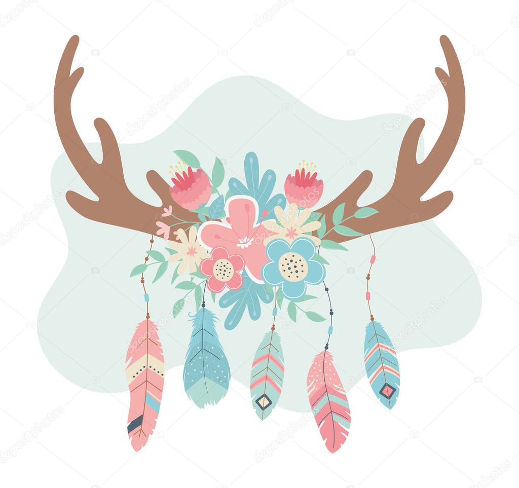 deer horns with flowers and feathers boho style