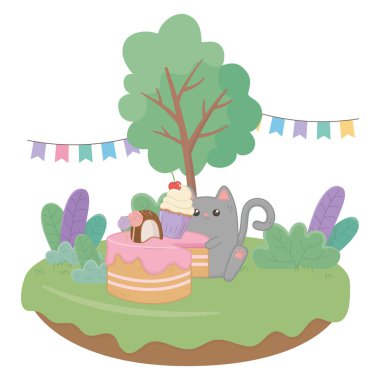 Doğum günü pastası tasarımlı Kawaii kedisi.