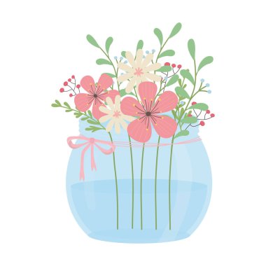 Saksı vektör tasarımında çiçekler ve yapraklar