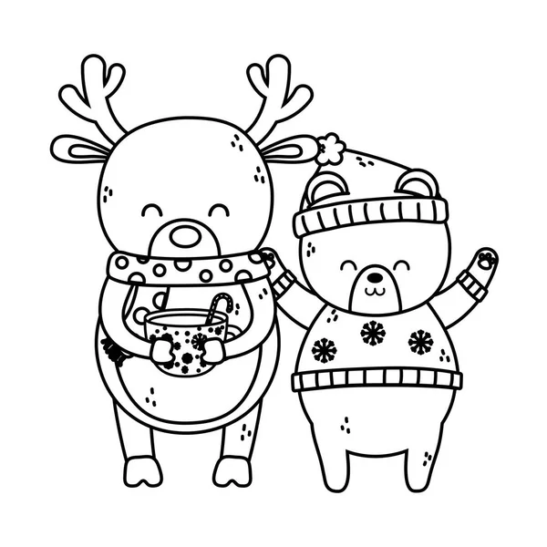 Милий білий ведмідь з капелюхом і олені з подарунком весела різдвяна товста лінія — стоковий вектор