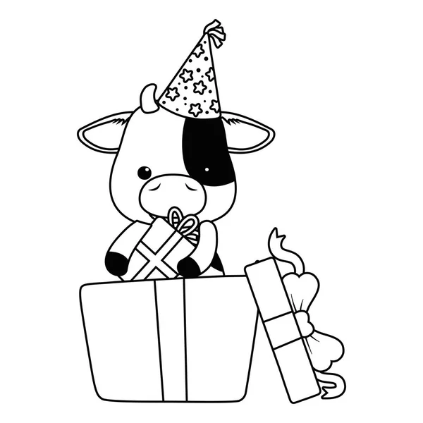 Vaca de dibujos animados con feliz cumpleaños icono de diseño — Vector de stock