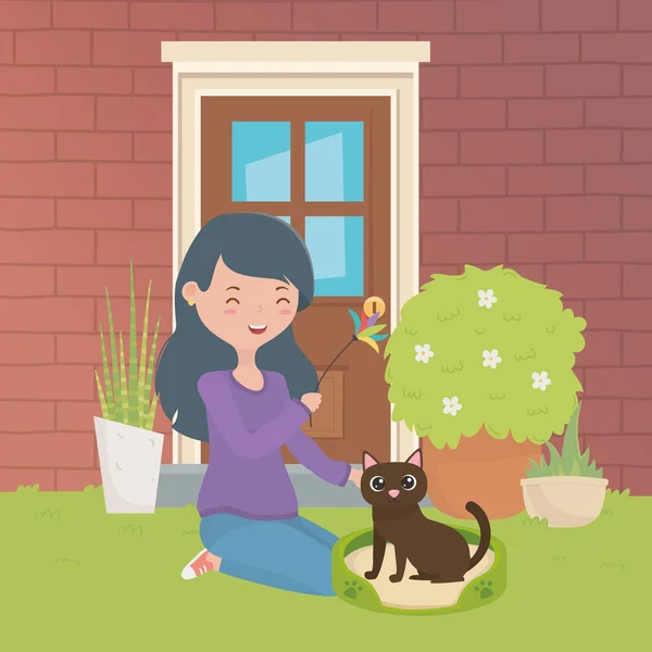 Menina com desenho animado gato —  Vetores de Stock
