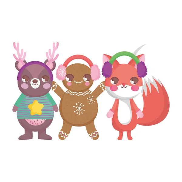 Bear fox and gingerbread man ear muffs merry christmas — стоковый вектор