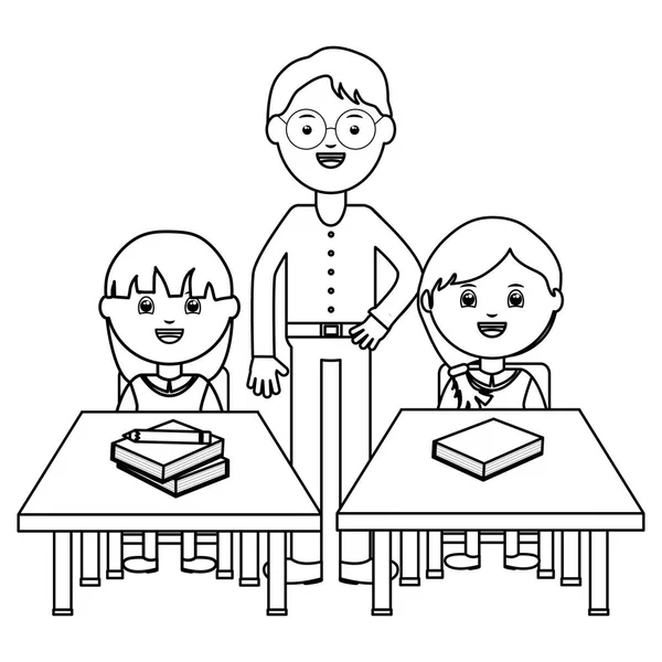 Cute little students girls seated in schooldesks with male teacher — Stock Vector