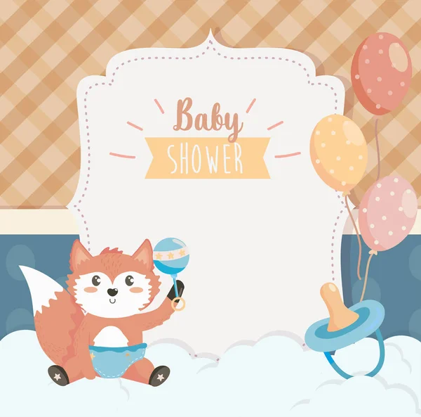 Card of cute fox with rattle and pacifier — Stock vektor