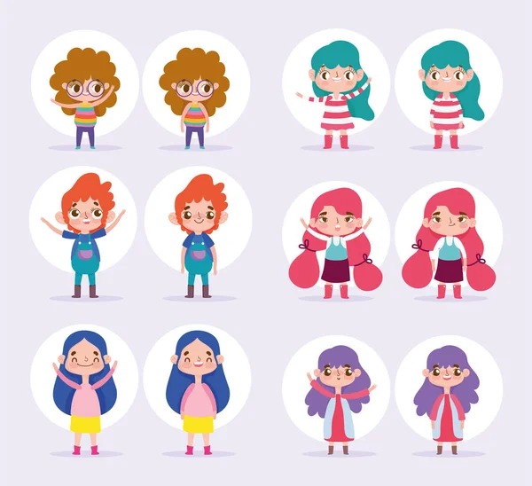 Cartoon character animation boy and girls various poses and gesture — Vector de stock