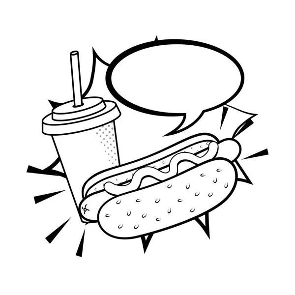 Hot dog szódával fekete-fehér — Stock Vector