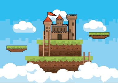 Arcade oyun dünya ve piksel sahne tasarım vektör illüstrasyon