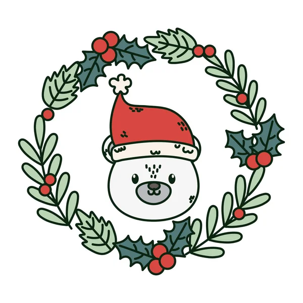 Polar bear wreath holly berry celebration merry christmas — Vetor de Stock
