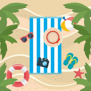 palms trees with sunglasses and flip-flop with ball and float in the beach
