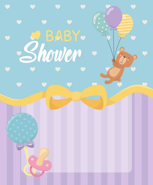 Kartu baby shower dengan boneka beruang kecil dan balon helium - Stok Vektor