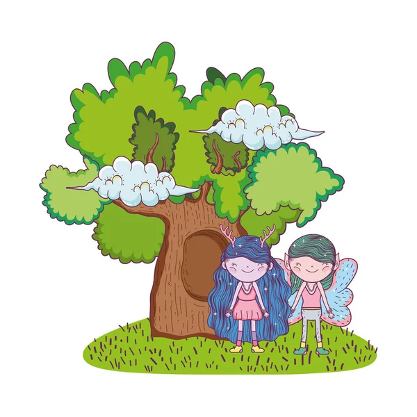 Niedliche kleine Feen Paar mit Baum — Stockvektor