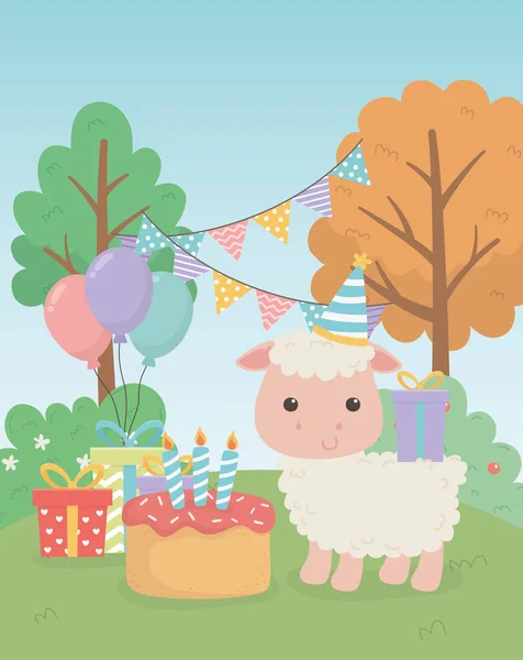 Cute sheep animal farm in birthday party scene — Vetor de Stock