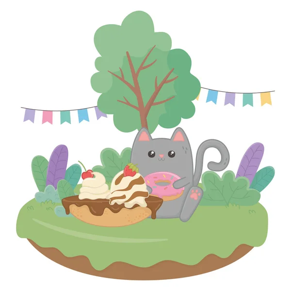 幸せな誕生日ケーキデザインのかわいい猫 — ストックベクタ