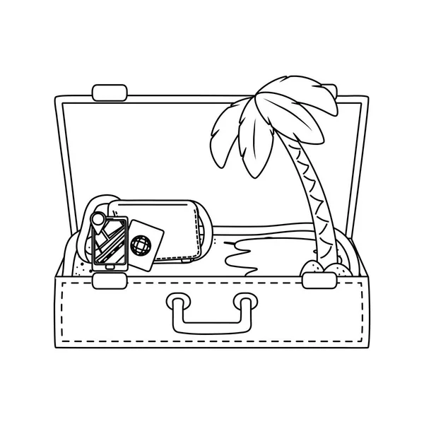 Suitcase cartoon summer and travel in black and white — Stock Vector