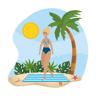 woman wearing swimsuit with palm tree and leaves plants