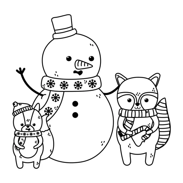 Милий сніговик єнот і білка шарф весела різдвяна товста лінія — стоковий вектор