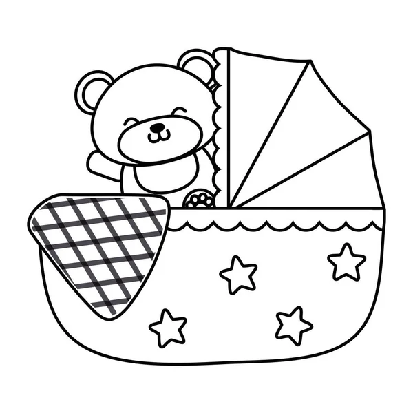 Cradle with toy bear in black and white — Stock Vector