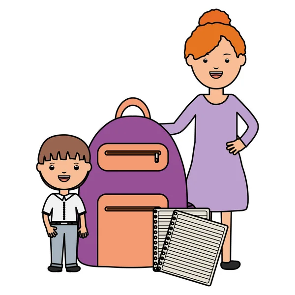 Милий маленький студентський хлопчик з вчителькою та шкільною сумкою — стоковий вектор