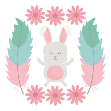 Çiçekleri ve tüyleri olan küçük sevimli bir tavşan.