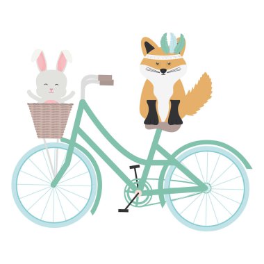 cute fox and rabbit with feathers hat in bicycle bohemian style
