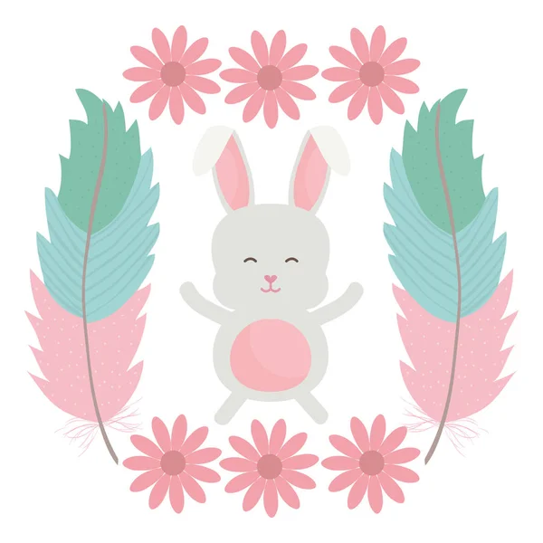 Cute little rabbit with flowers and feathers frame — Stock Vector